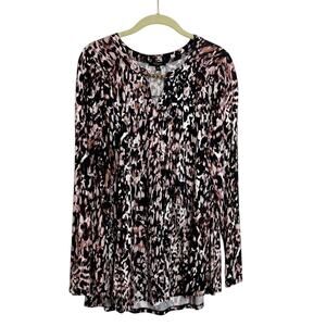 Cupio Womens Knit Tunic Size Medium Black Pink Abstract Print Gold Tone Accent